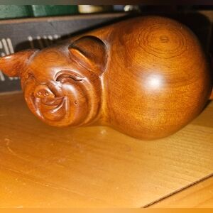 Vintage Japanese Happy Boxwood Carved Pig